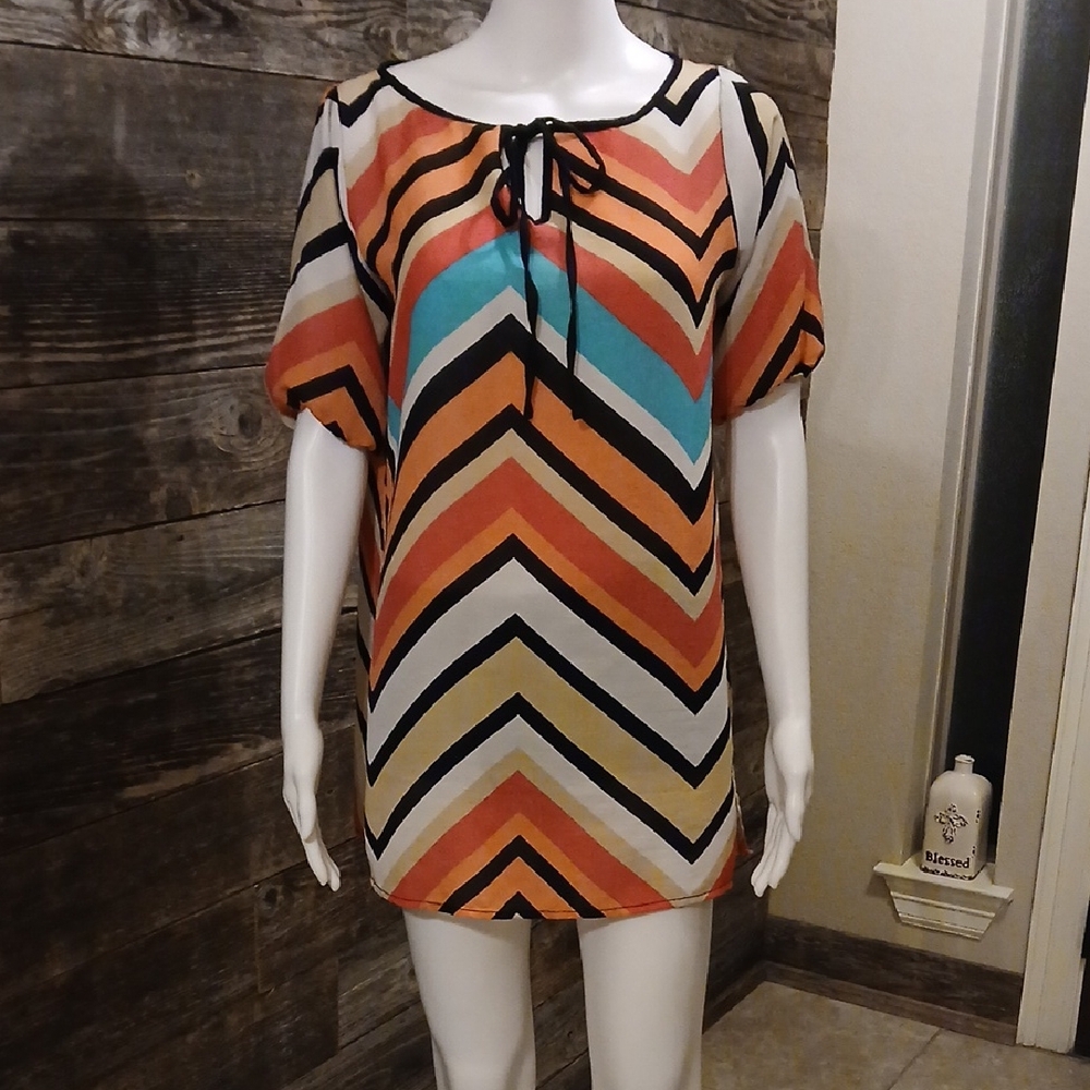 Vibrant Chevron Blouse with Tie Neck